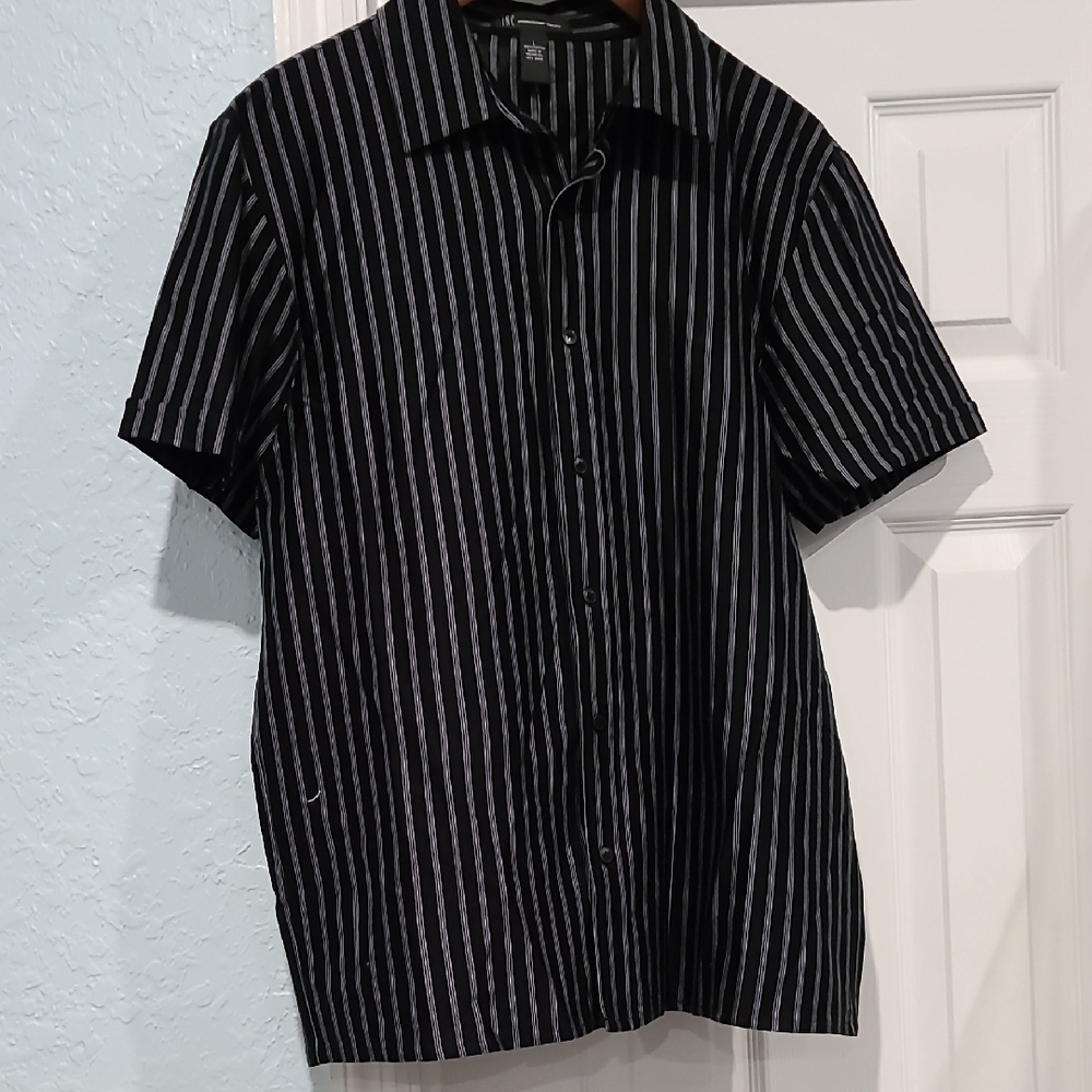 INC International Concepts Black and Gray Strupe Casual Button Down Shirt Sz: L